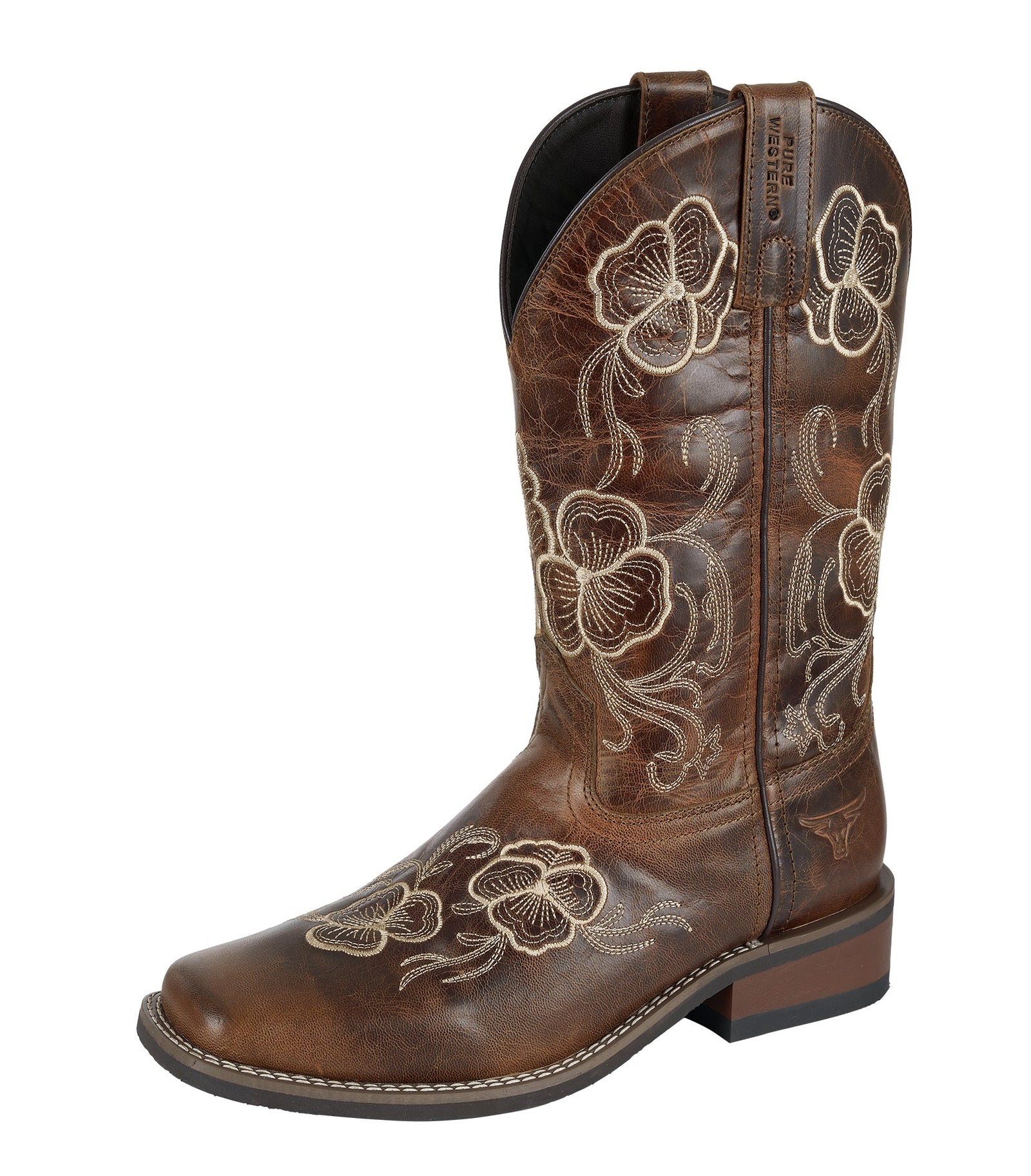 Brown cowboy boot with floral embroidery on a white background