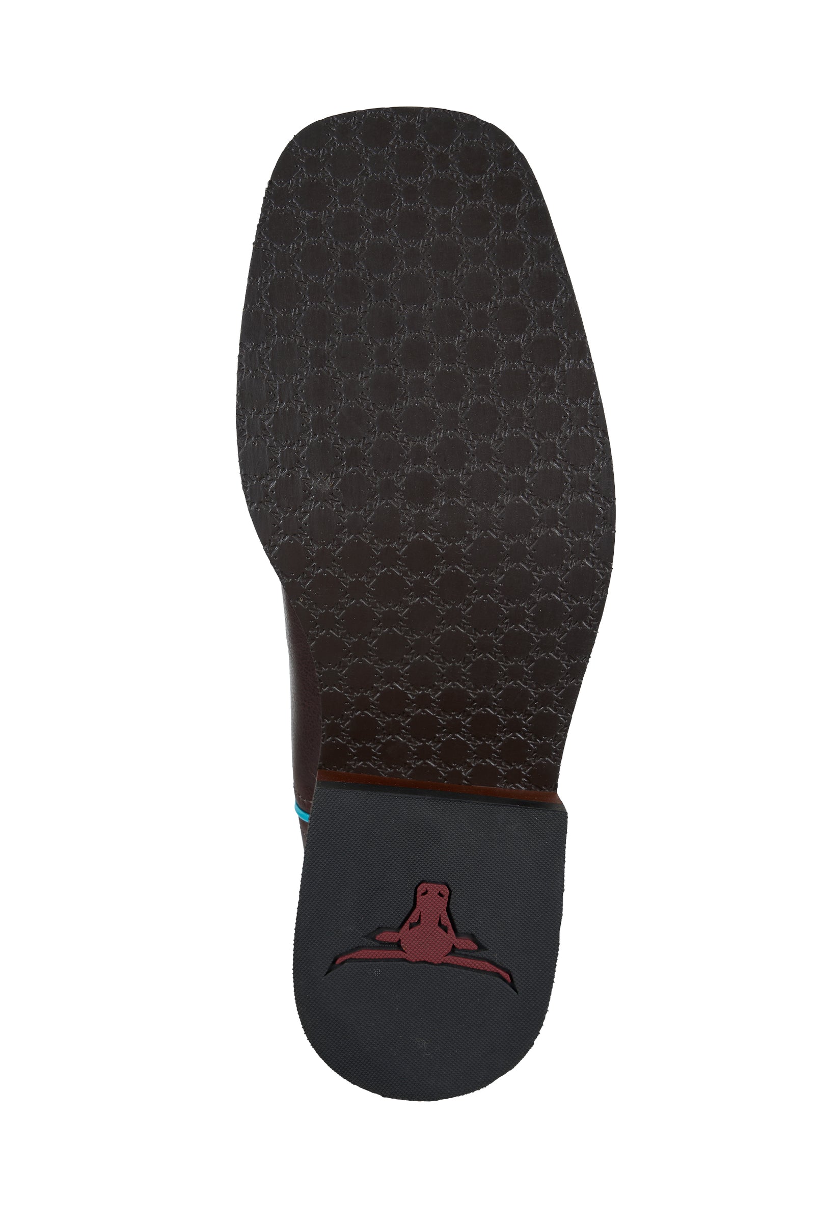 Black shoe sole with a red logo on a white background
