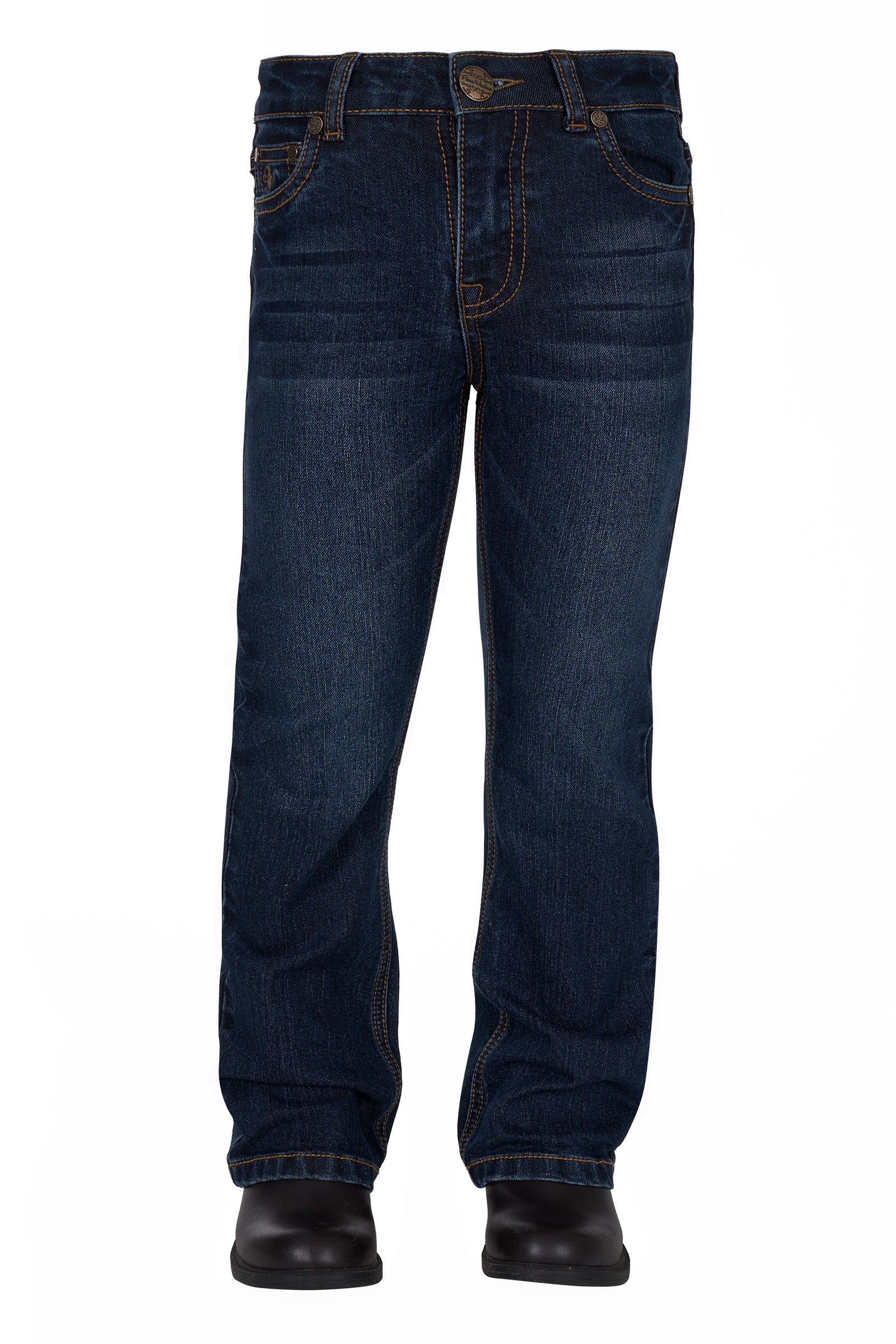 Pure Western Girl's Sam Boot Cut Jean. Pair of dark blue jeans on a white background