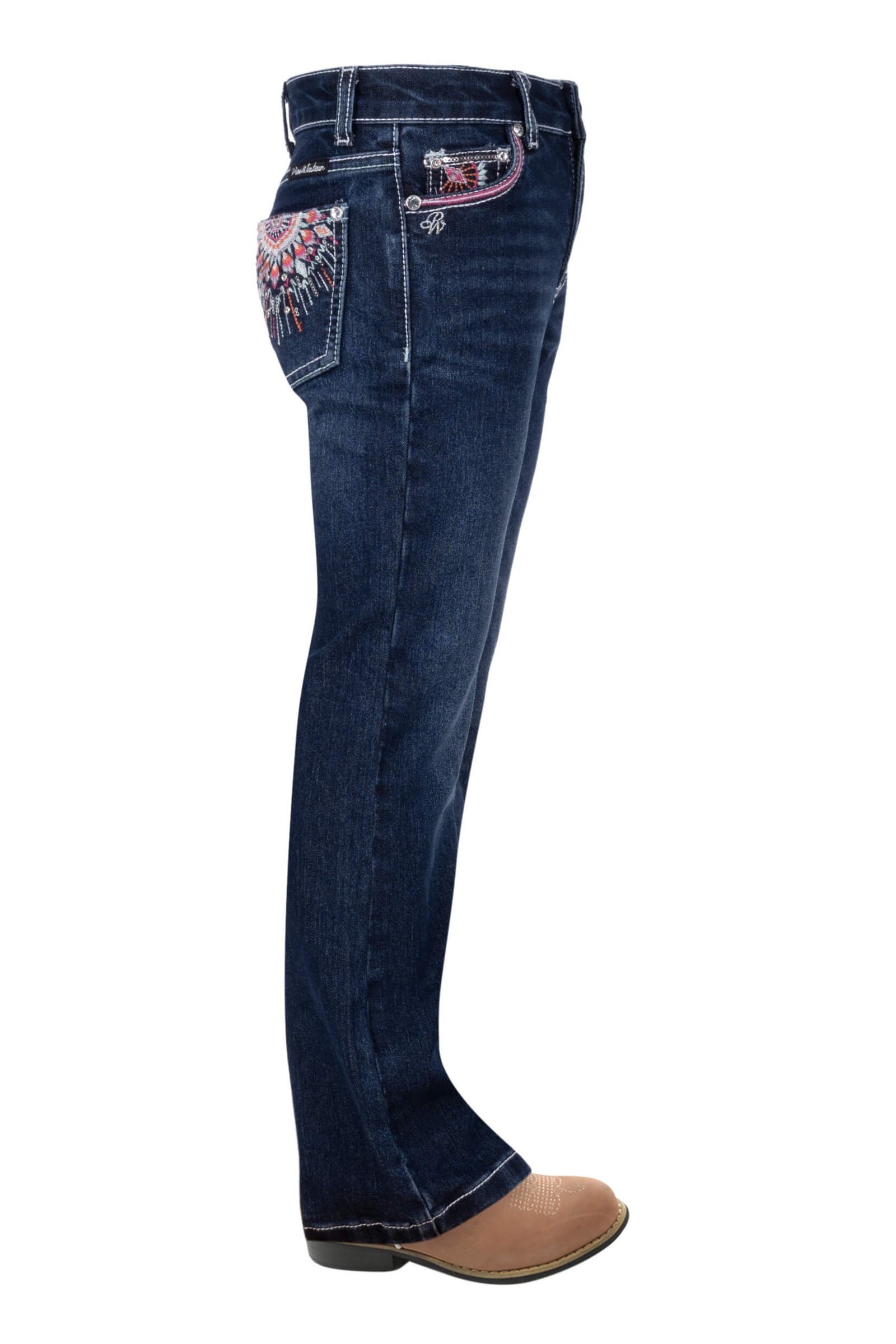 Pure Western Girl's Adeline Straight Leg Jean. Blue jeans with floral embroidery on a white background