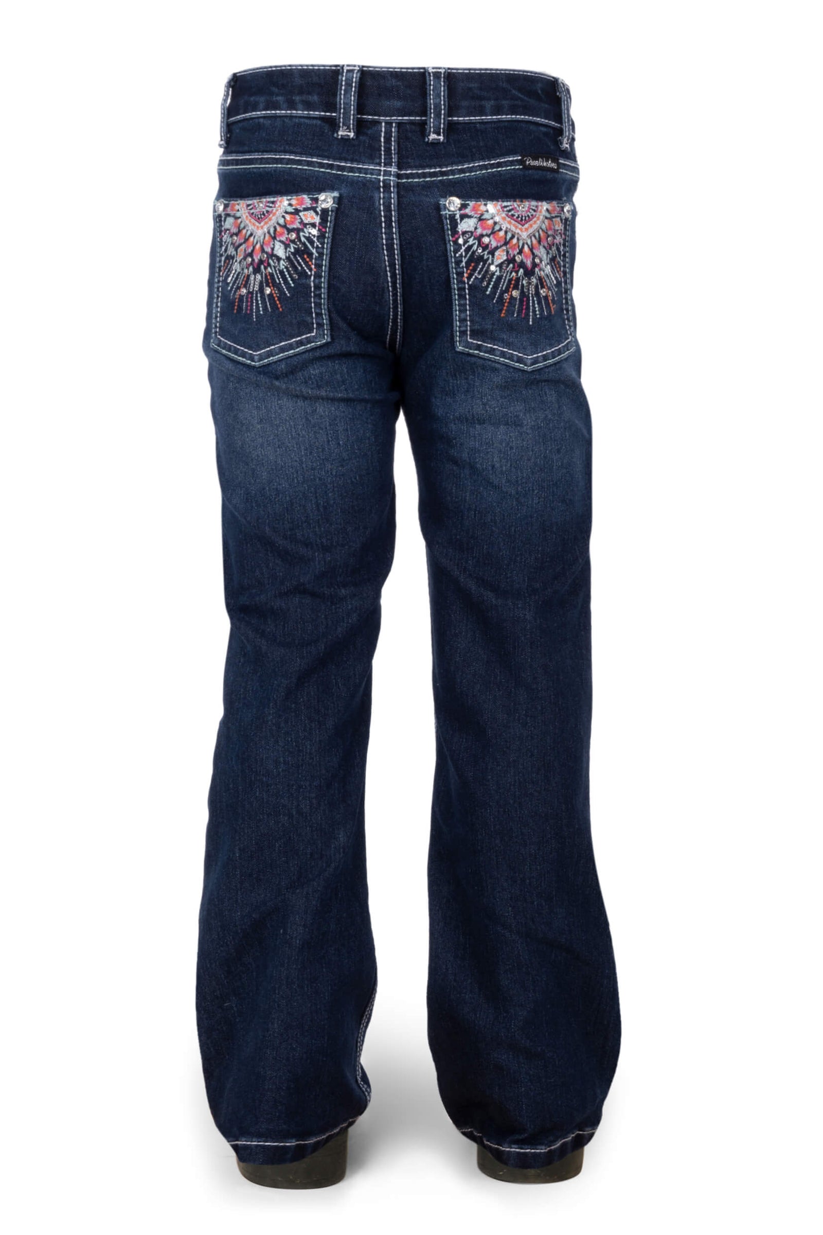 Pure Western Girl's Adeline Straight Leg Jean. Blue jeans with floral embroidery on the pockets against a white background