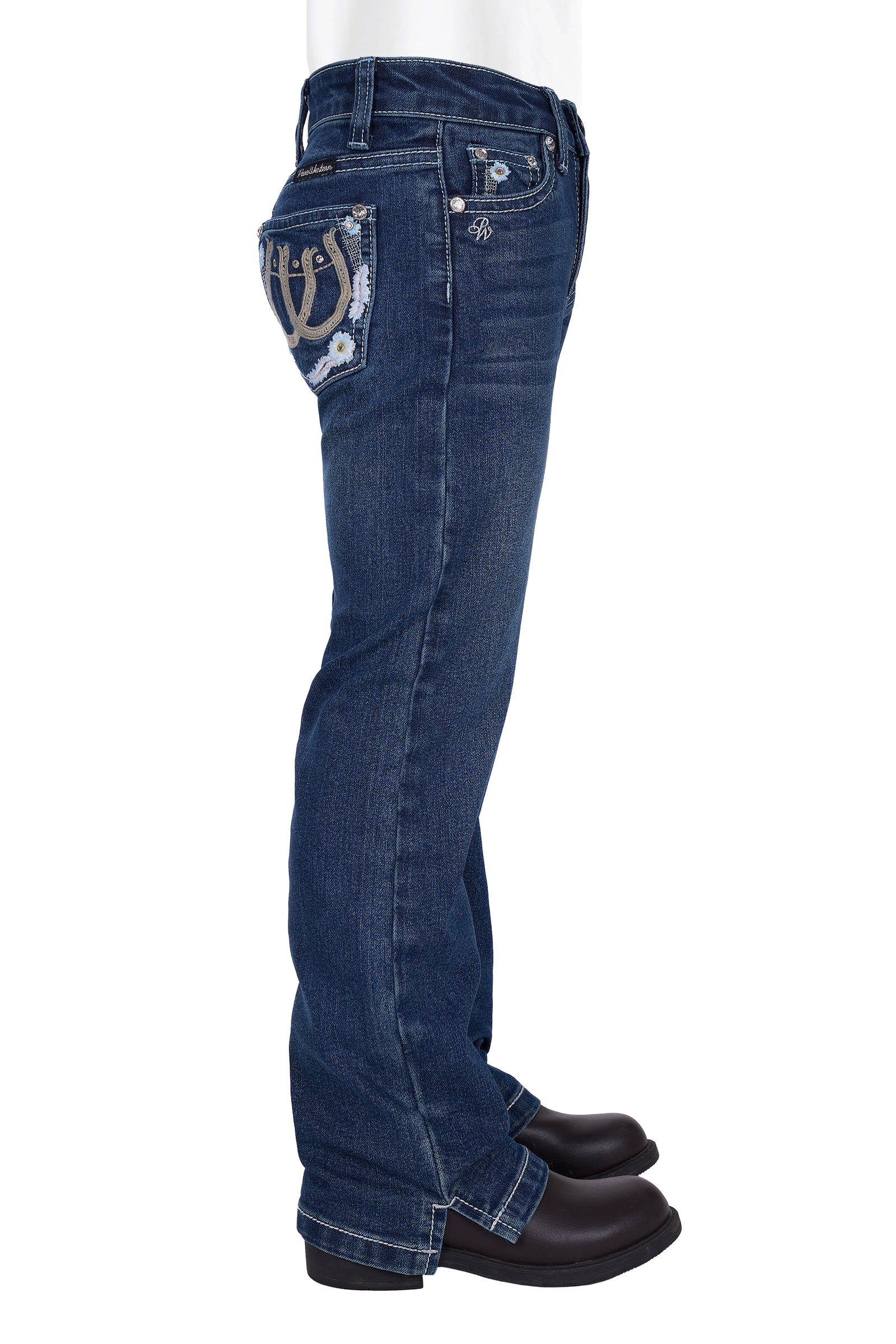 Blue jeans with decorative stitching on a white background