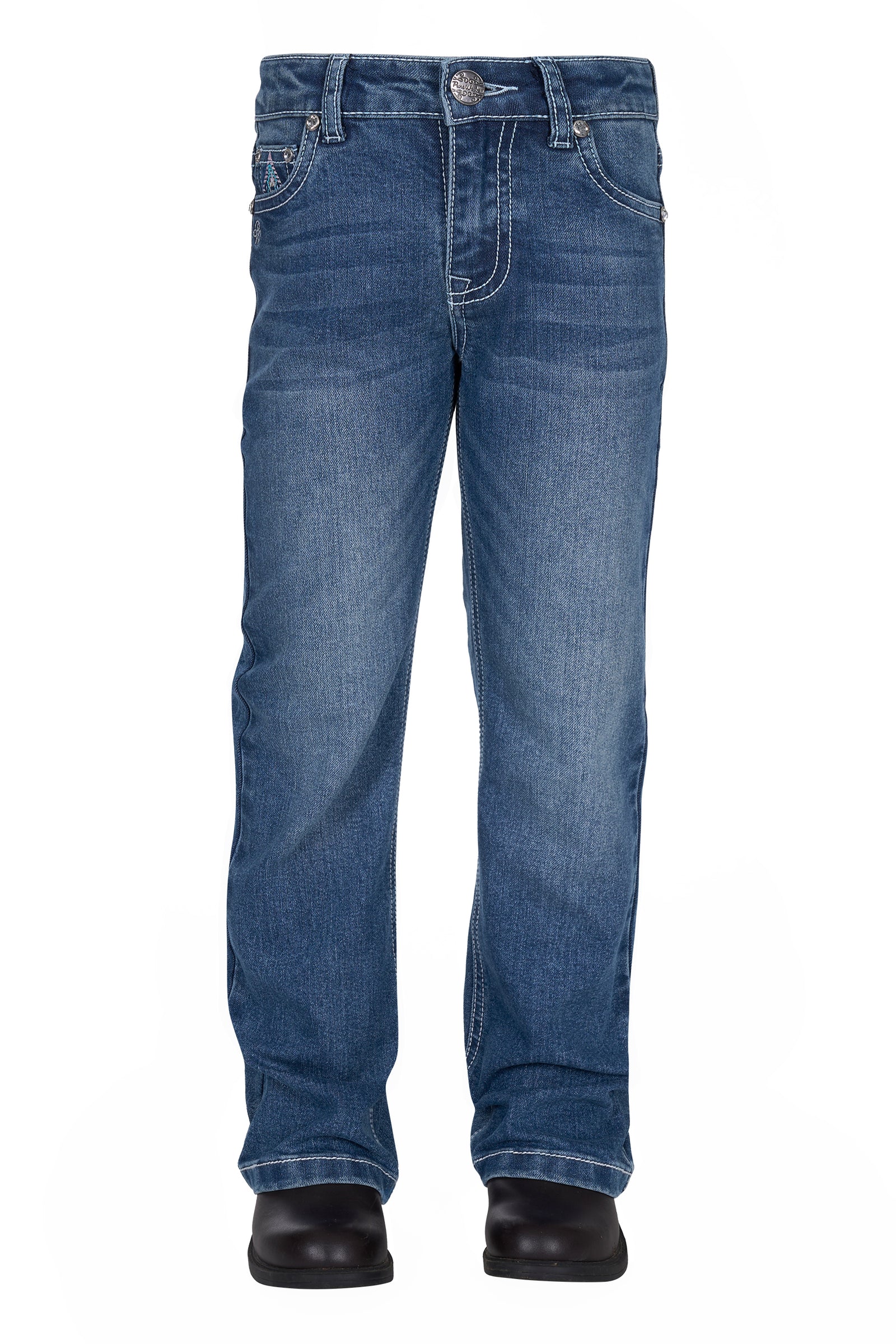 Pure Western Girl's Pam Boot Cut Jean. Blue jeans with decorative stitching on a white background