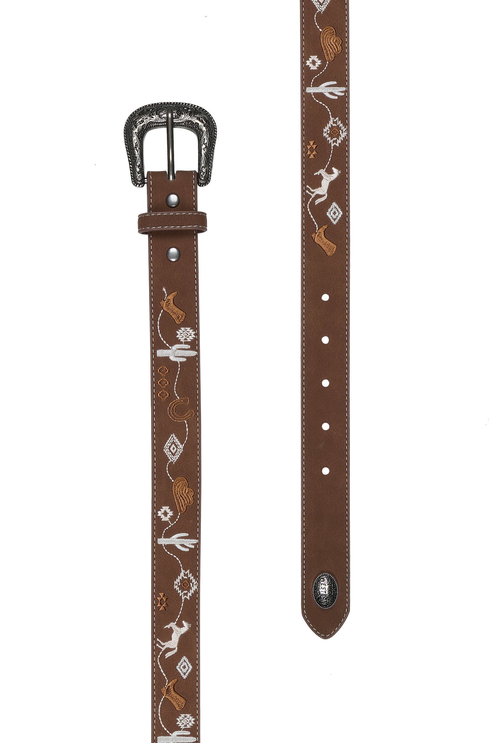 Brown leather belt with decorative patterns on a white background
