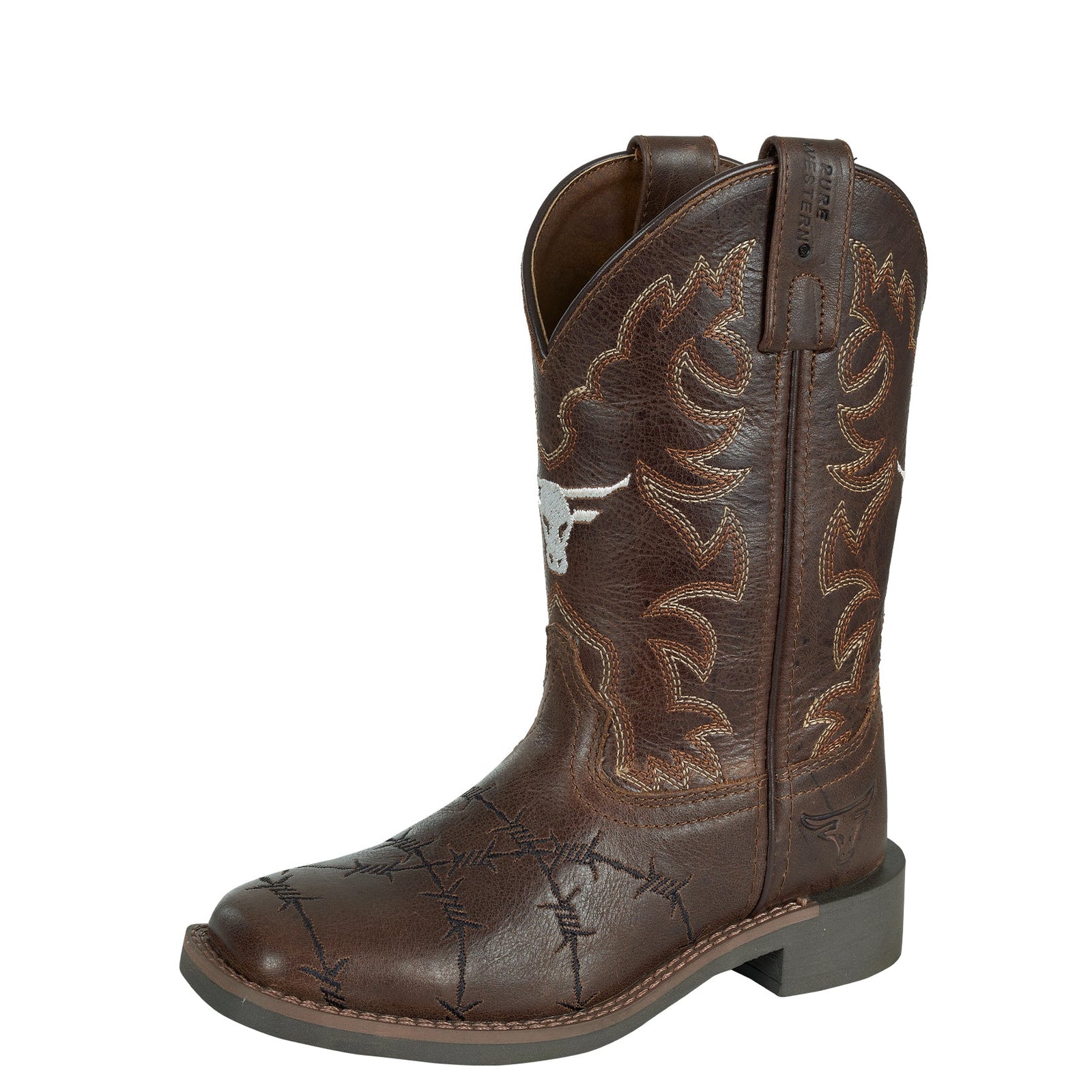 Brown cowboy boot with intricate design on a white background
