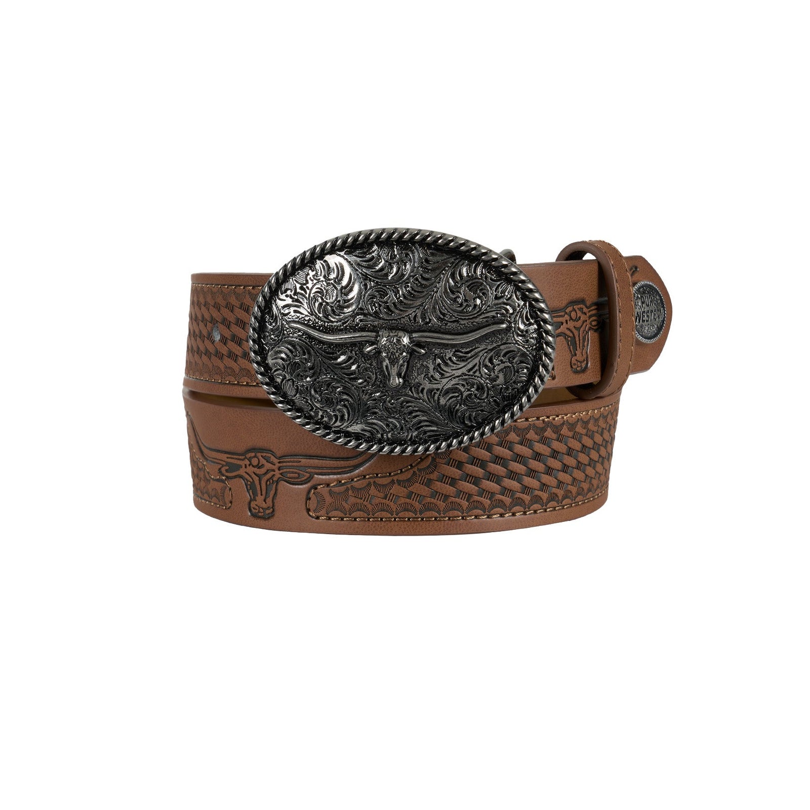 Brown leather belt with a decorative buckle on a white background