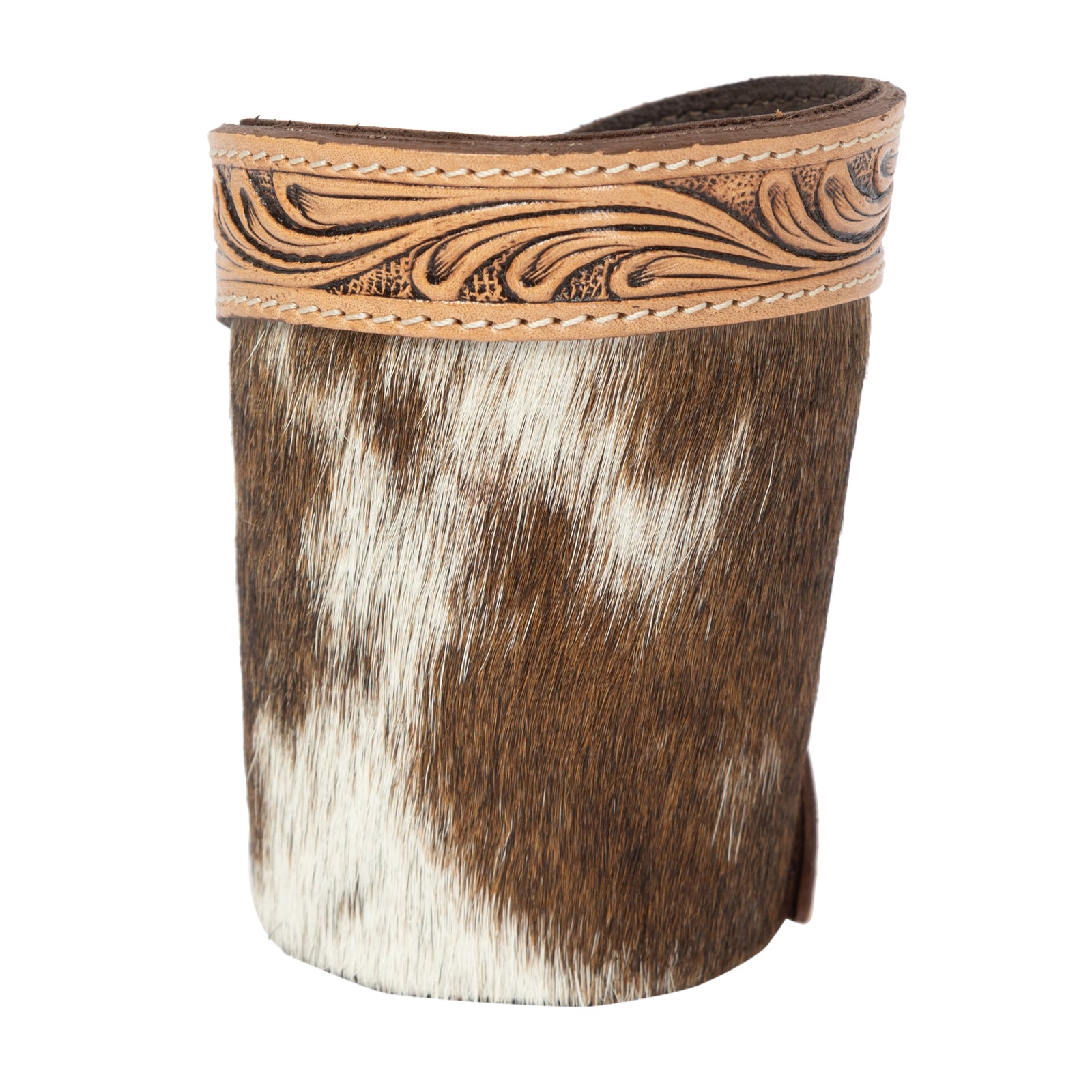 Cowhide cup holder with decorative leather band on a white background