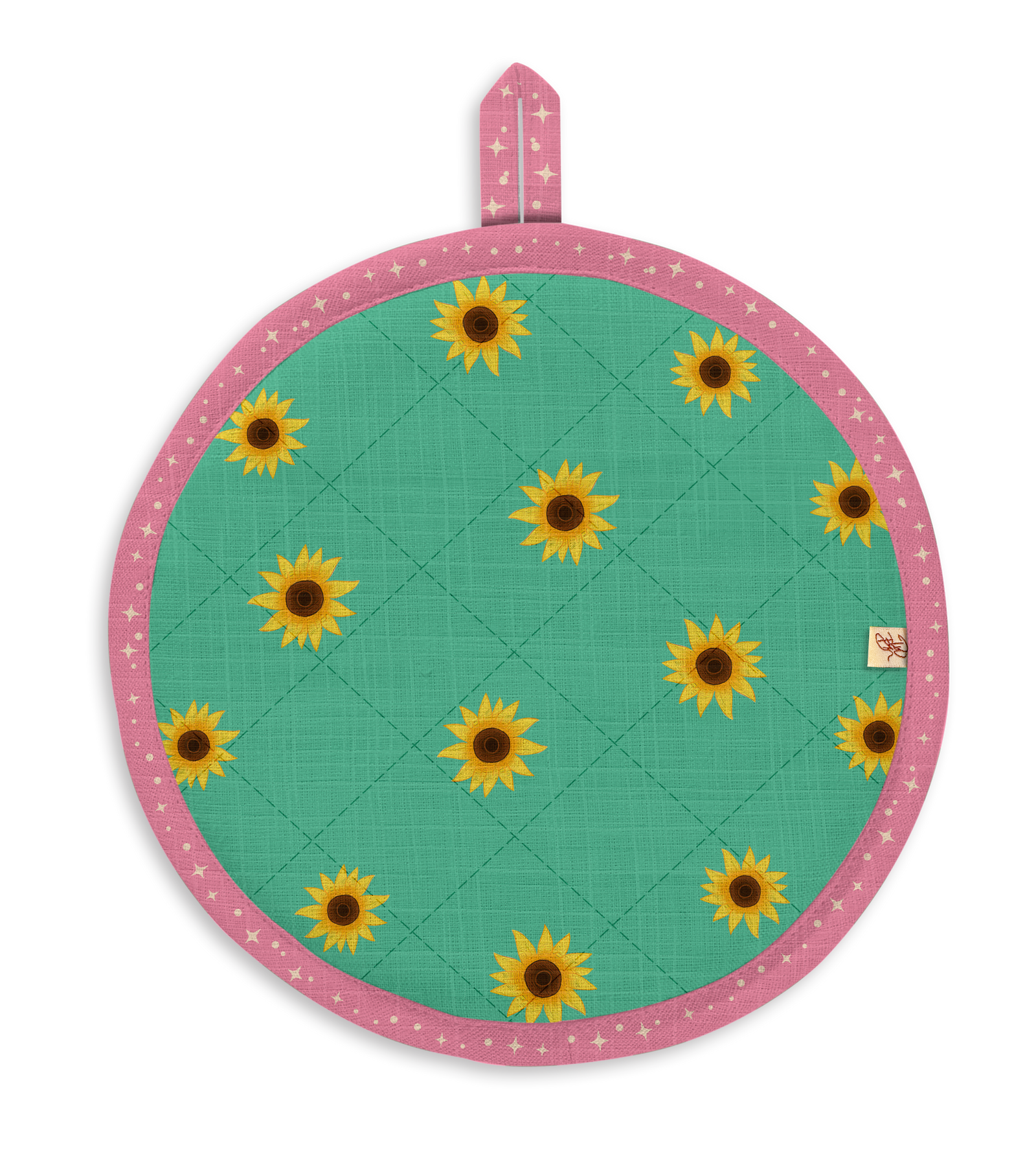 A round quilted potholder with a pink border and a green center patterned with yellow sunflowers, featuring a matching pink hanging loop at the top.