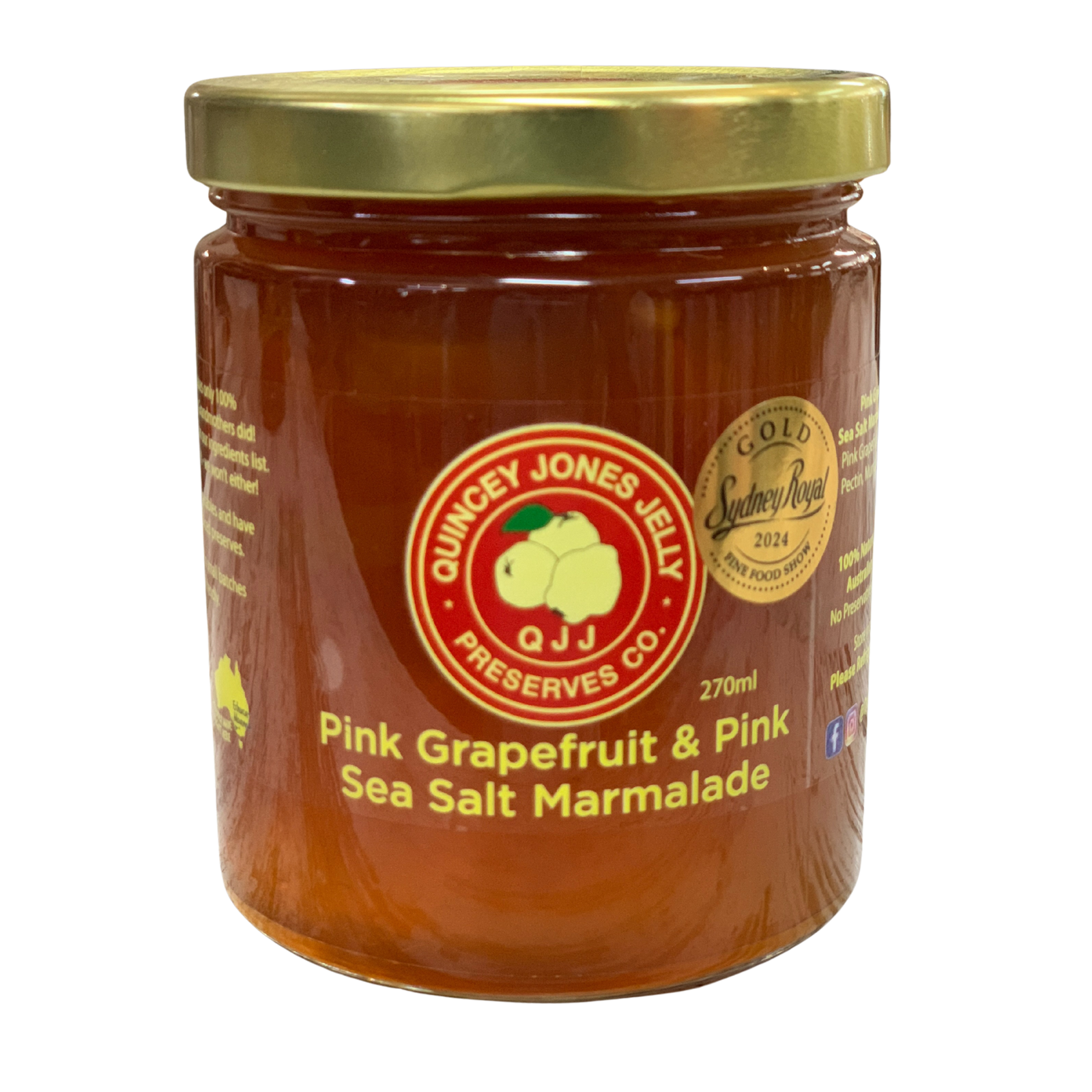 Quincey Jones 190ml Pink Grapefruit Murray River Sea Salt Marmalade. Jar of Pink Grapefruit & Pink Sea Salt Marmalade with a gold lid on a white background