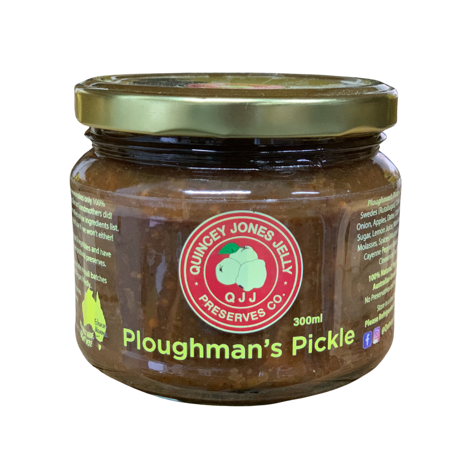 Quincey Jones 300ml Ploughman's Pickle. Jar of Ploughman's Pickle with Quincy Jones Jelly Preserves Co. label on a white background