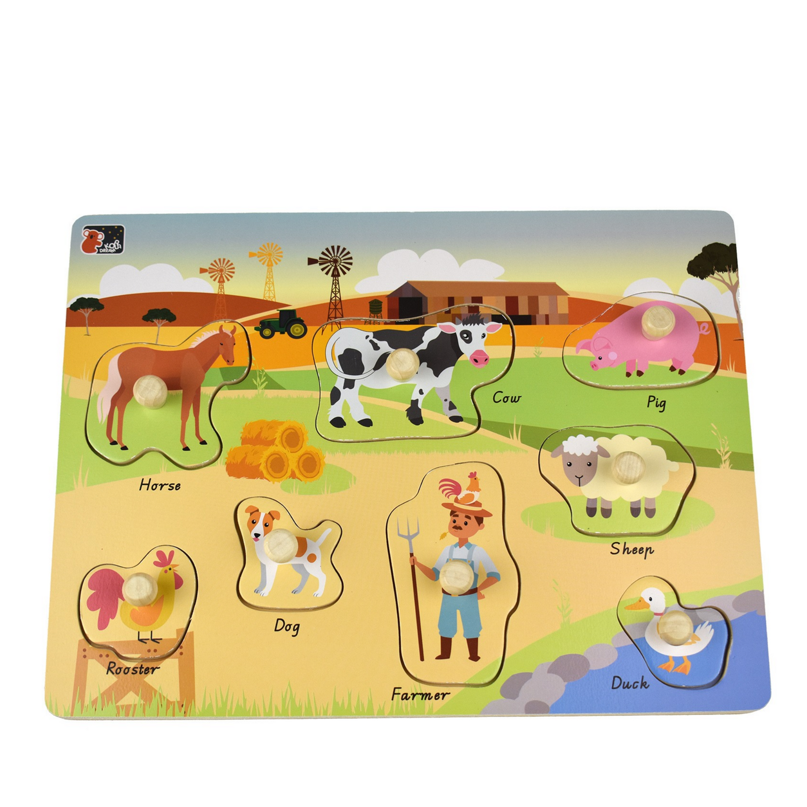 A colorful children's wooden farm-themed puzzle board with labeled animal pieces including horse, cow, pig, sheep, rooster, dog, farmer, and duck, shown on a plain white background.