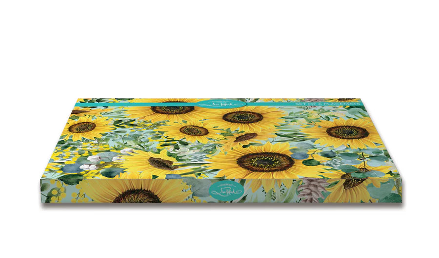 Lisa Pollock Bee Suny Placemat Set. Gift box with sunflower design on a white background
