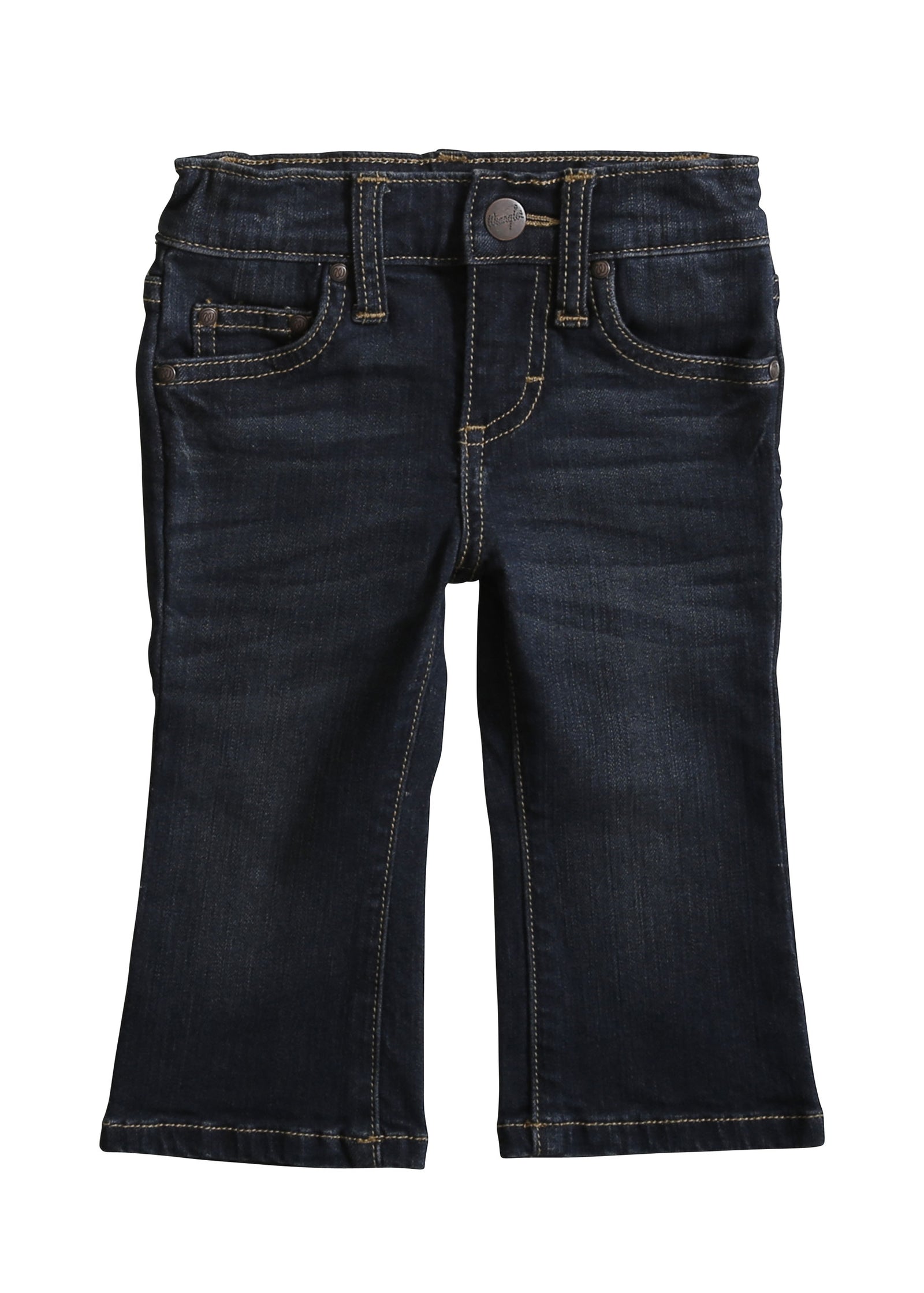 Infant-sized Wrangler western blue jeans with a classic 5-pocket design and 'W' embroidery on the back pockets, featuring spade hip pockets with embroidery and a patch.