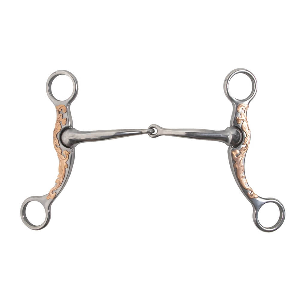 Professional Choice Stockman 6" Copper Shank Bit. A Professional Choice Stockman 6 inch copper shank horse snaffle bit with ornate detailing on the metal.