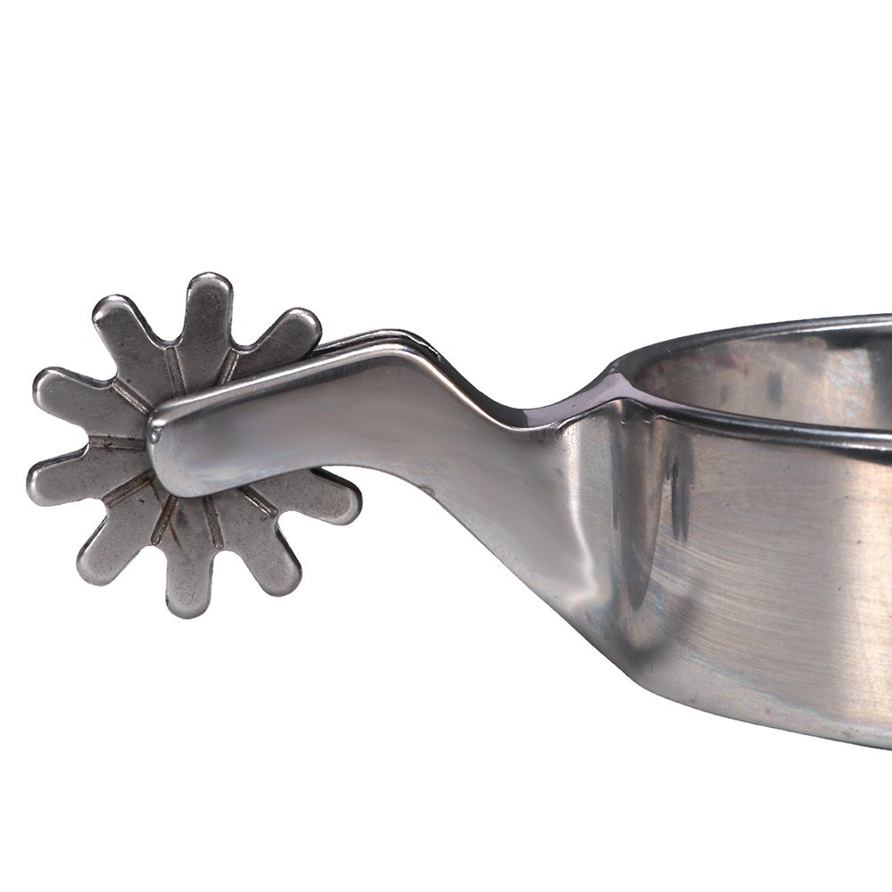 A close-up of a stainless steel cowboy spur with a star-shaped blade and a curved handle, shown against a plain white background.