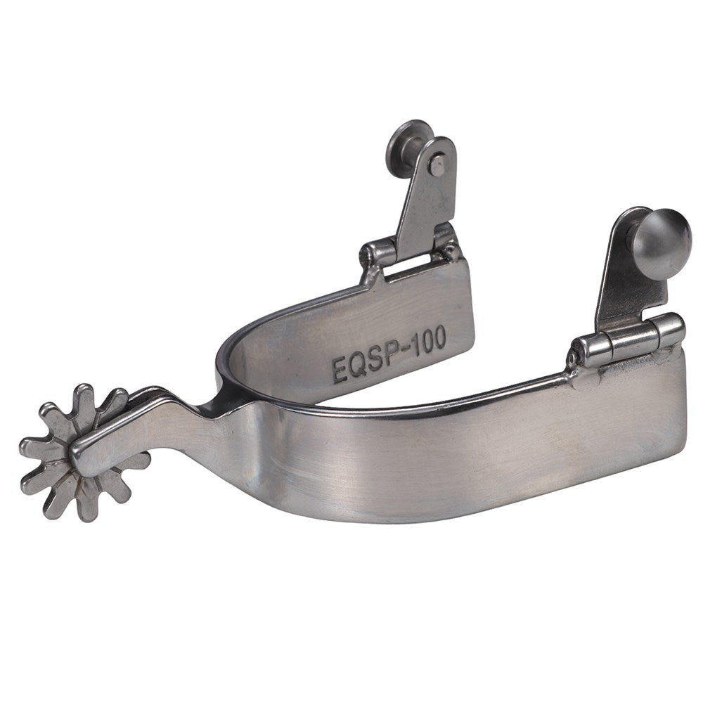 A stainless steel western spur with engraved model number EQSP-100 on the inner band, shown against a plain white background.