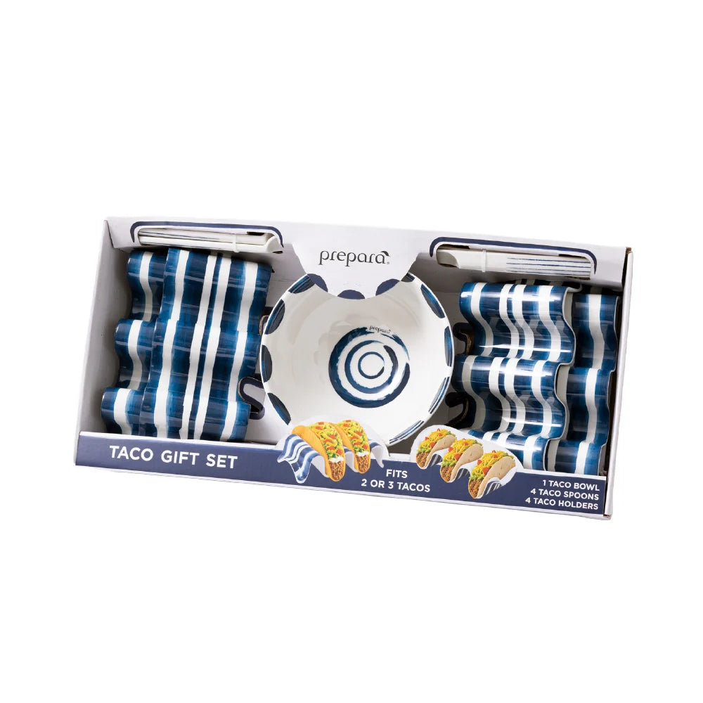 Taco gift set with blue and white striped holders and a decorative bowl in packaging.