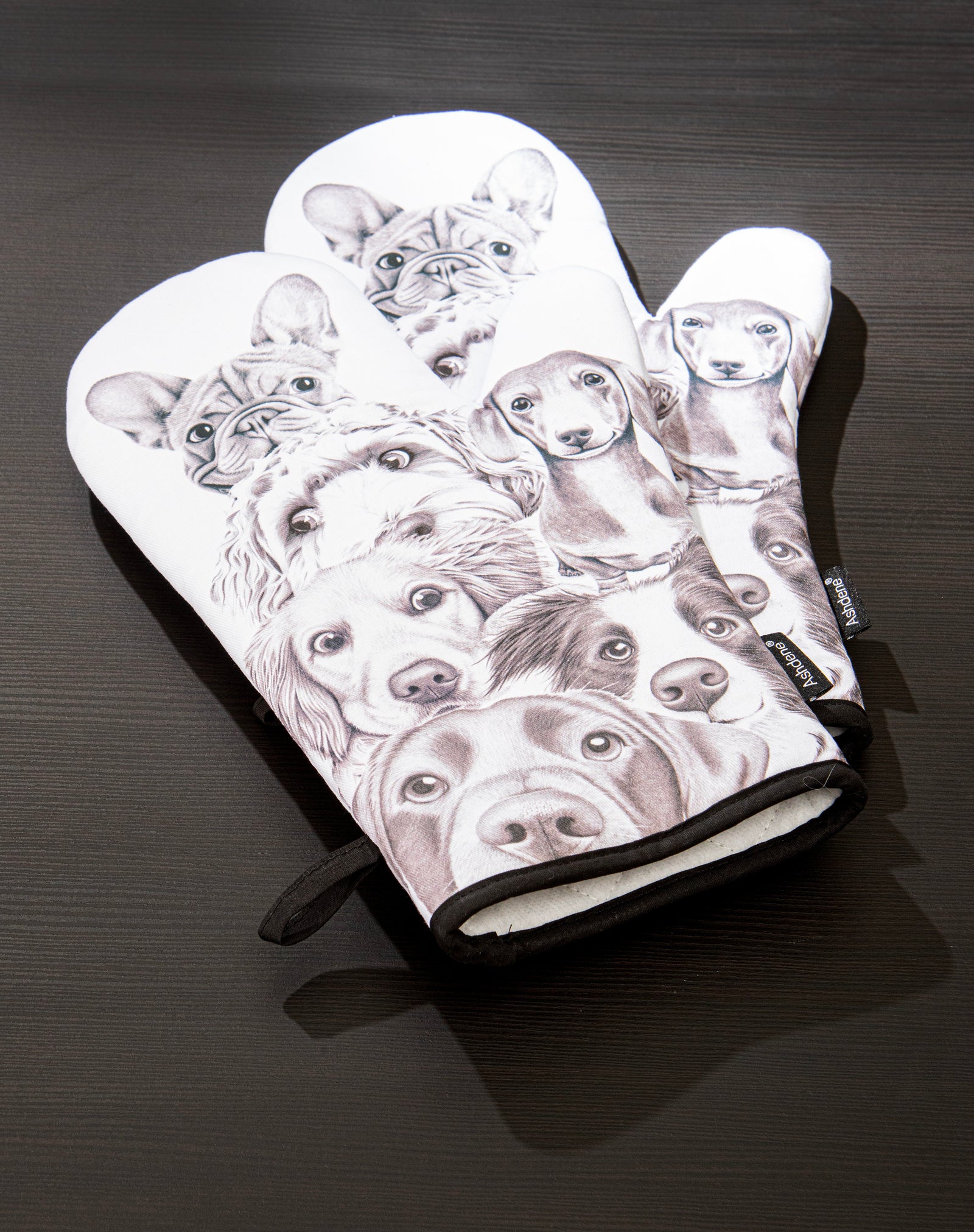 Oven mitt and pot holder with dog illustrations on a dark surface