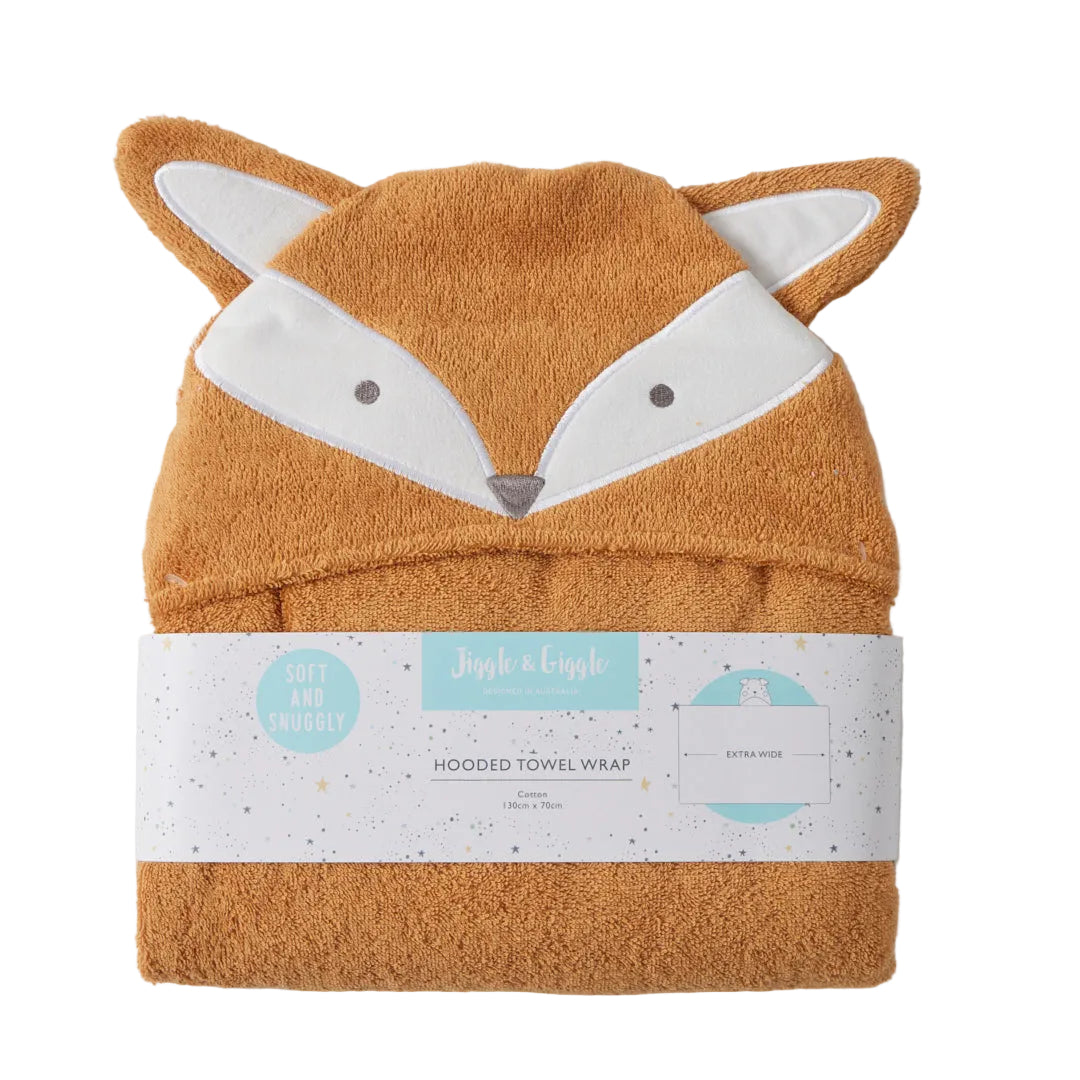 Fox-shaped hooded towel with a label on a light gray background