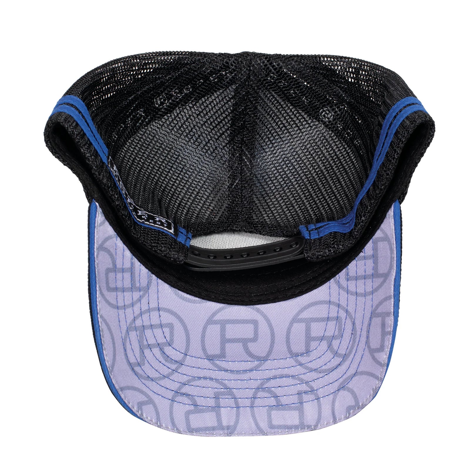 Men's Roper Trucker Cap. Black mesh cap with blue rim and white logo pattern on a white background