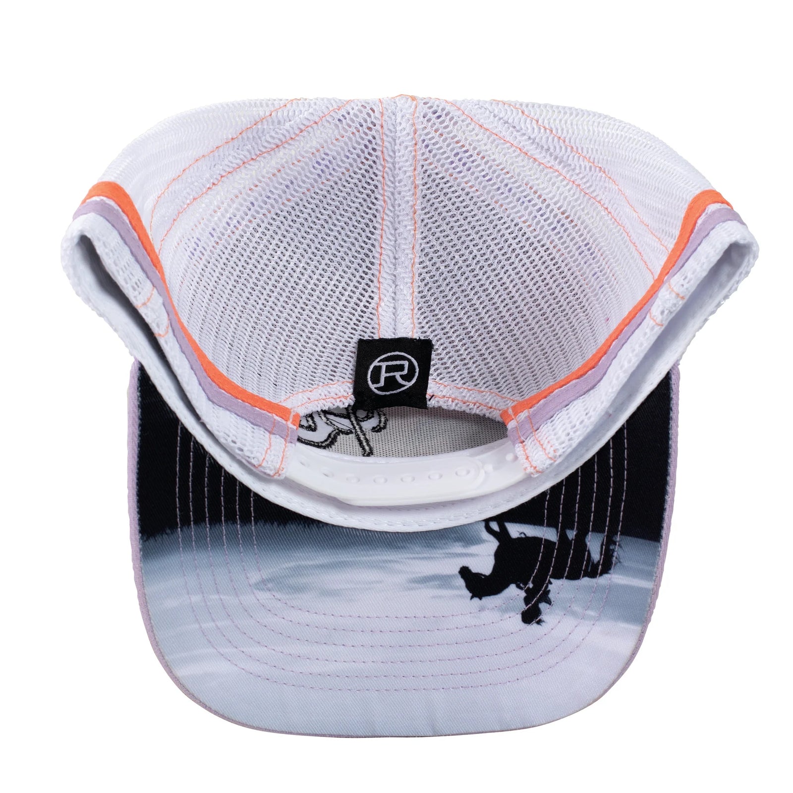 Women's Roper Trucker Cap. White cap with orange accents on a white background