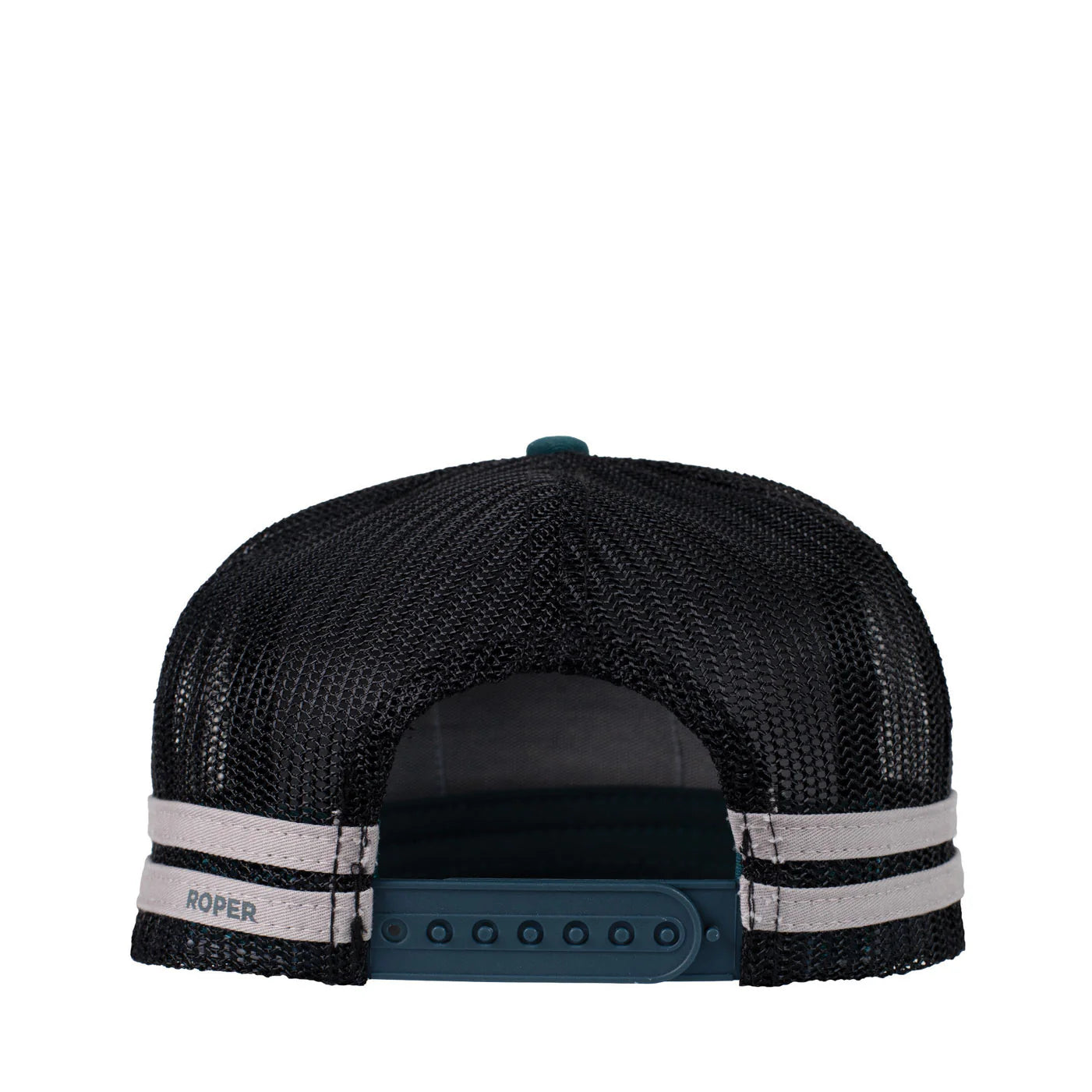 Roper Trucker Cap Bull Skull. Black mesh cap with Roper logo on a white background