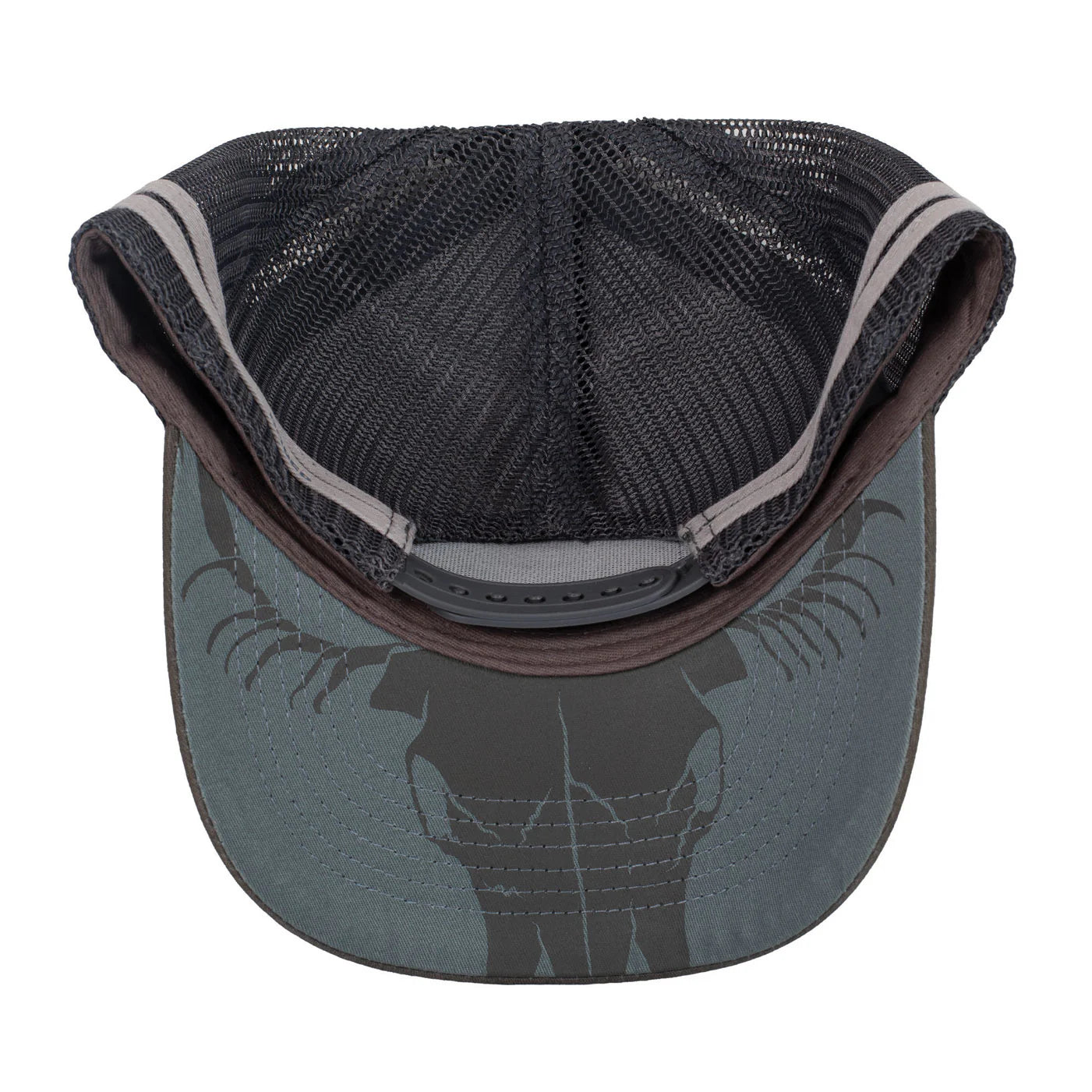 Roper Trucker Cap Bull Skull. Black mesh cap with gray brim on a white background