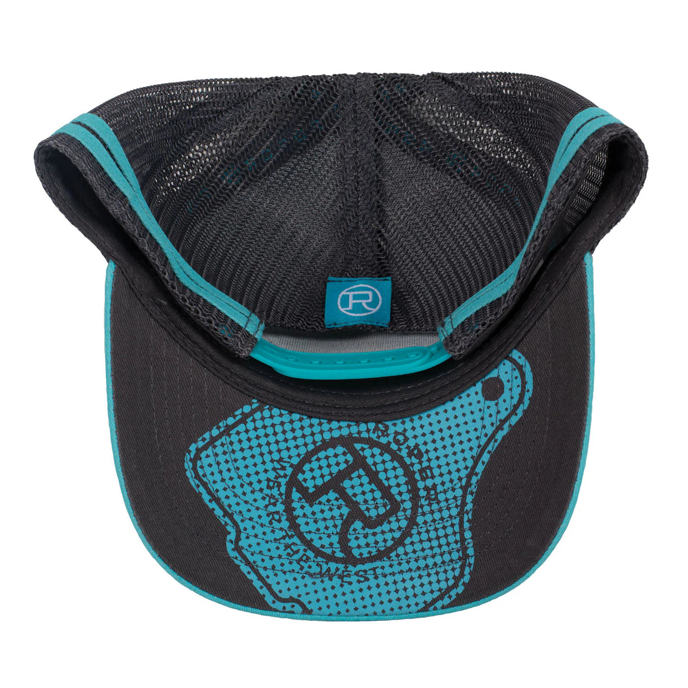 Roper Trucker Cap Cattle Tag. Black and blue cap with a logo on a white background
