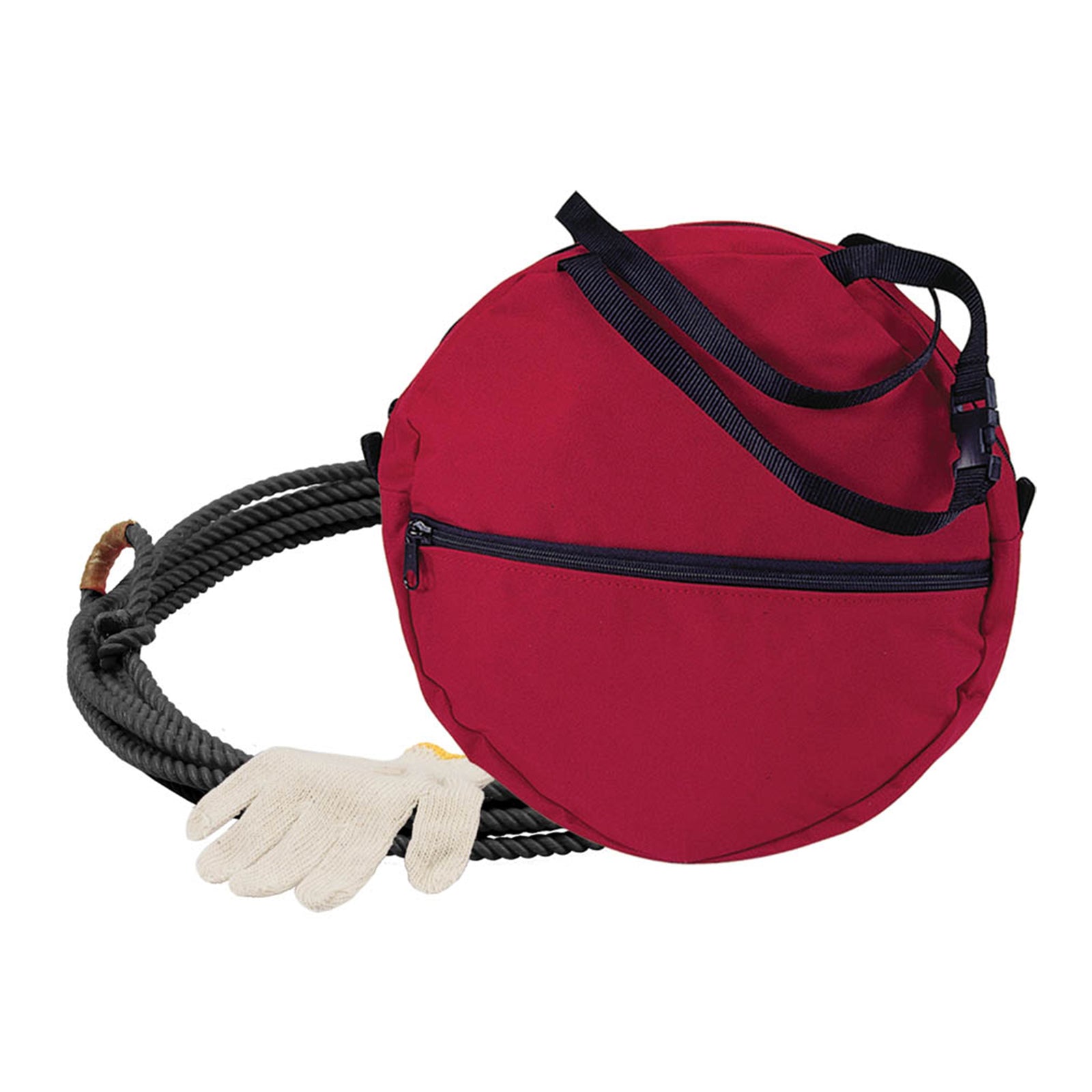 Ezy Ride Little Looper Kids Rope Bag Kit. Red bag with black straps and a white glove on a white background