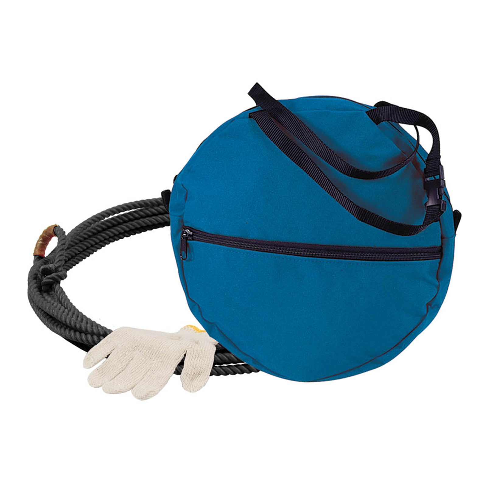 Ezy Ride Little Looper Kids Rope Bag Kit. Blue round bag with black straps and a white glove on a white background