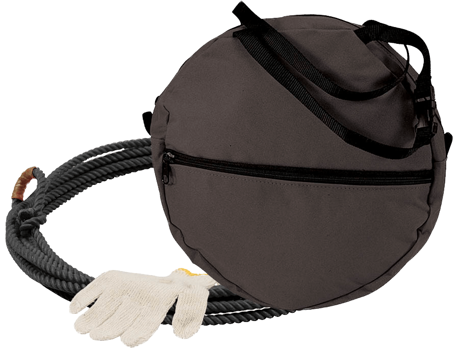 Ezy Ride Little Looper Kids Rope Bag Kit. Black bag with black straps, white gloves, and a rope on a white background