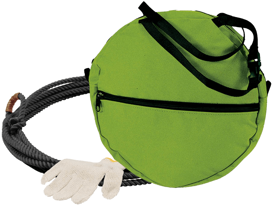 Ezy Ride Little Looper Kids Rope Bag Kit. Green bag shaped like a tennis ball with a rope and white glove on a black background
