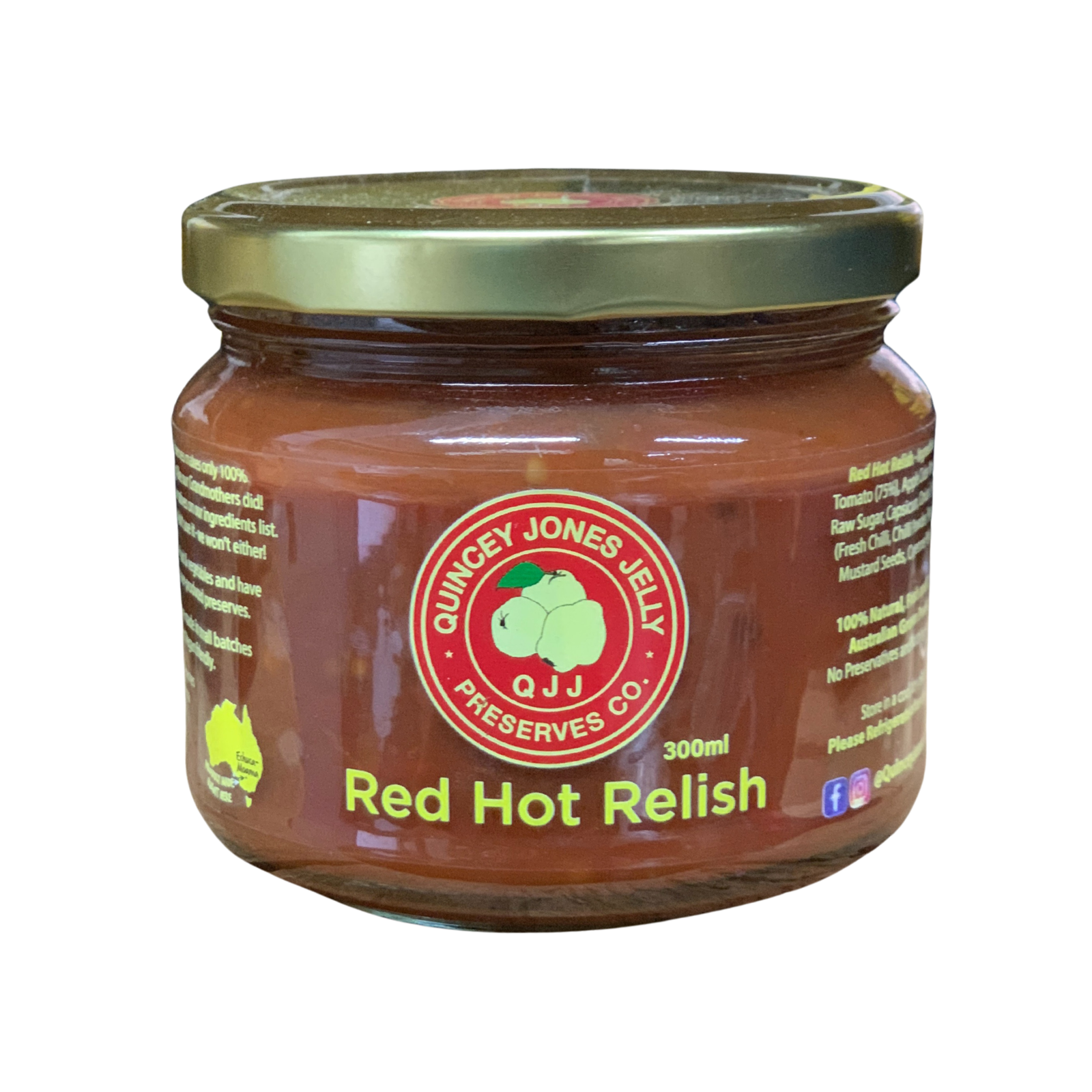 Quincey Jones 300ml Red Hot Relish. Jar of Red Hot Relish with Quincy Jones Jelly Preserves Co. label on a white background