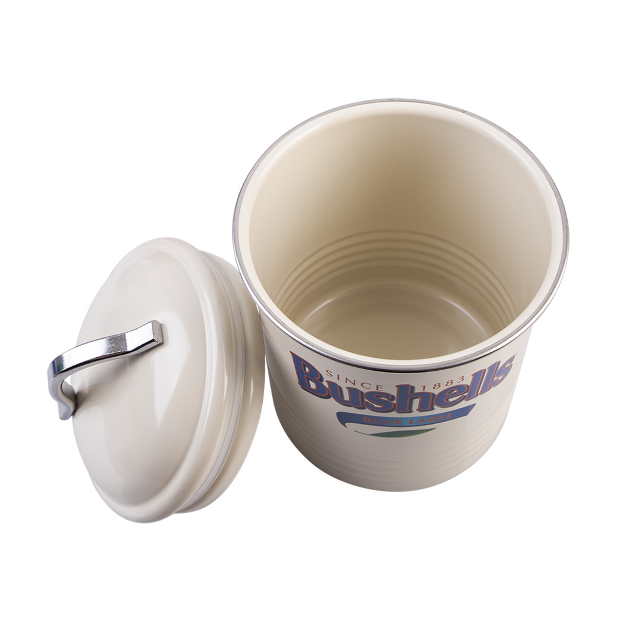 An off-white enamel-style lidded container with a metal handle, shown next to the open container, which features a blue and green Bushells logo printed on the side.