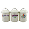 Three white canisters with colorful branding on a white background