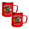 Two red enamel mugs with silver rims, featuring the 'Arnott's Biscuits' logo with a parrot illustration, on a white background.