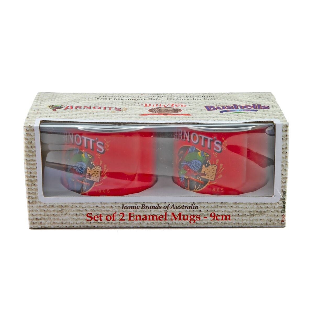 Set of 2 red enamel mugs in a box with Arnott's branding on a white background