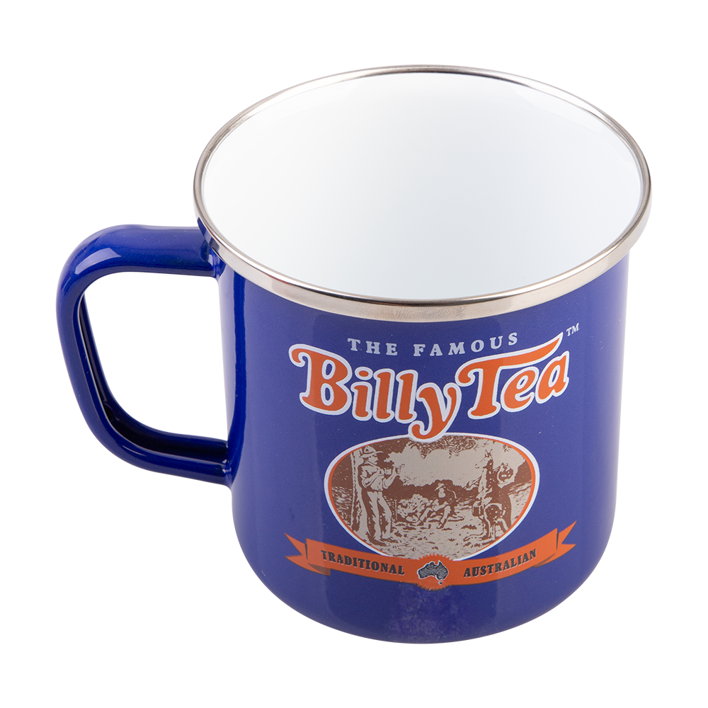 A classic blue enamel camping mug with a silver metal rim and handle, featuring the 'The Famous Billy Tea' logo on the front, set against a plain white background.