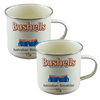Two white enamel camping mugs with silver rims, featuring the Bushells Australian Breakfast logo, shown on a plain white background.