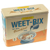 Vintage Weet-Bix cereal tin with branding and product imagery on a white background