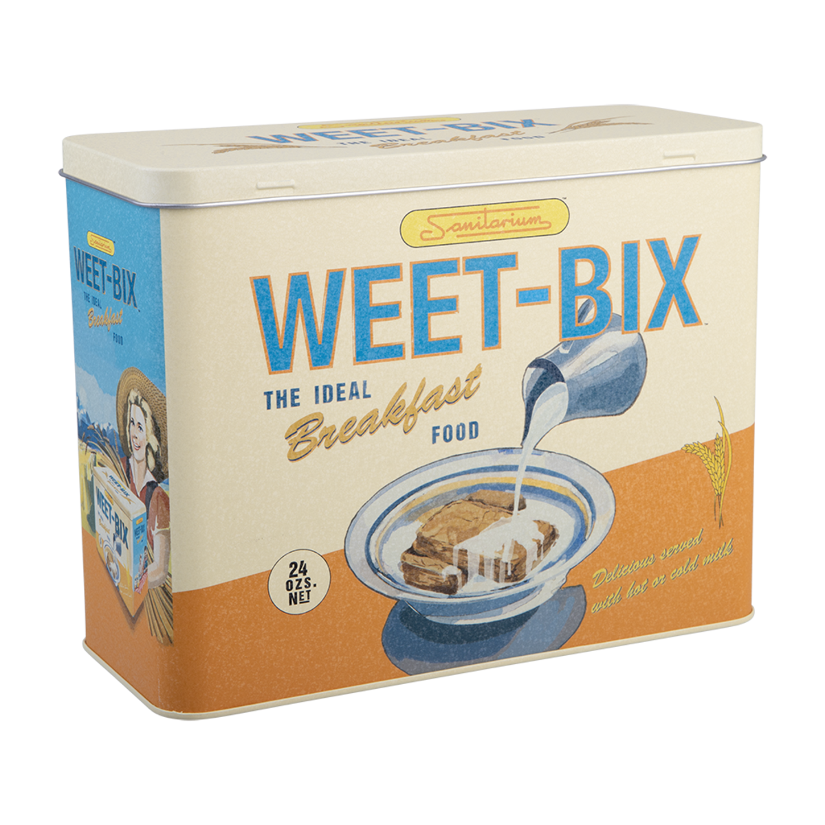 A vintage-style metal tin of Weet-Bix breakfast food shown on a plain white background. The box is cream-colored with large blue 'WEET-BIX' lettering, an orange lower section, and an illustration of pancakes with milk and a bowl.