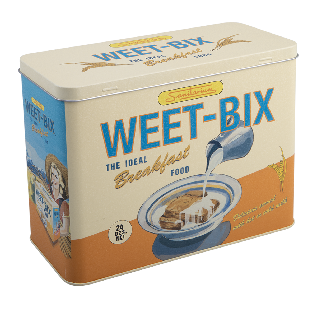 A rectangular metal tin of Weet-Bix Breakfast Food with a retro cream, blue, and orange design. The front shows the words 'WEET-BIX THE IDEAL Breakfast FOOD' with an illustration of milk being poured into a bowl of toast.