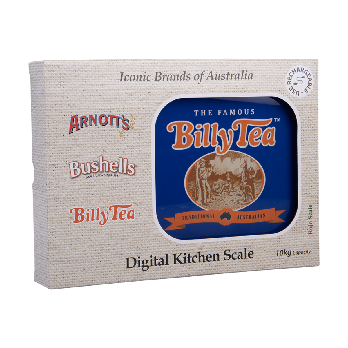 A boxed digital kitchen scale shown on a plain white background. The packaging is a light beige textured box with a large blue window displaying the Billy Tea logo and branding for Arnott's, Bushells, and Billy Tea.