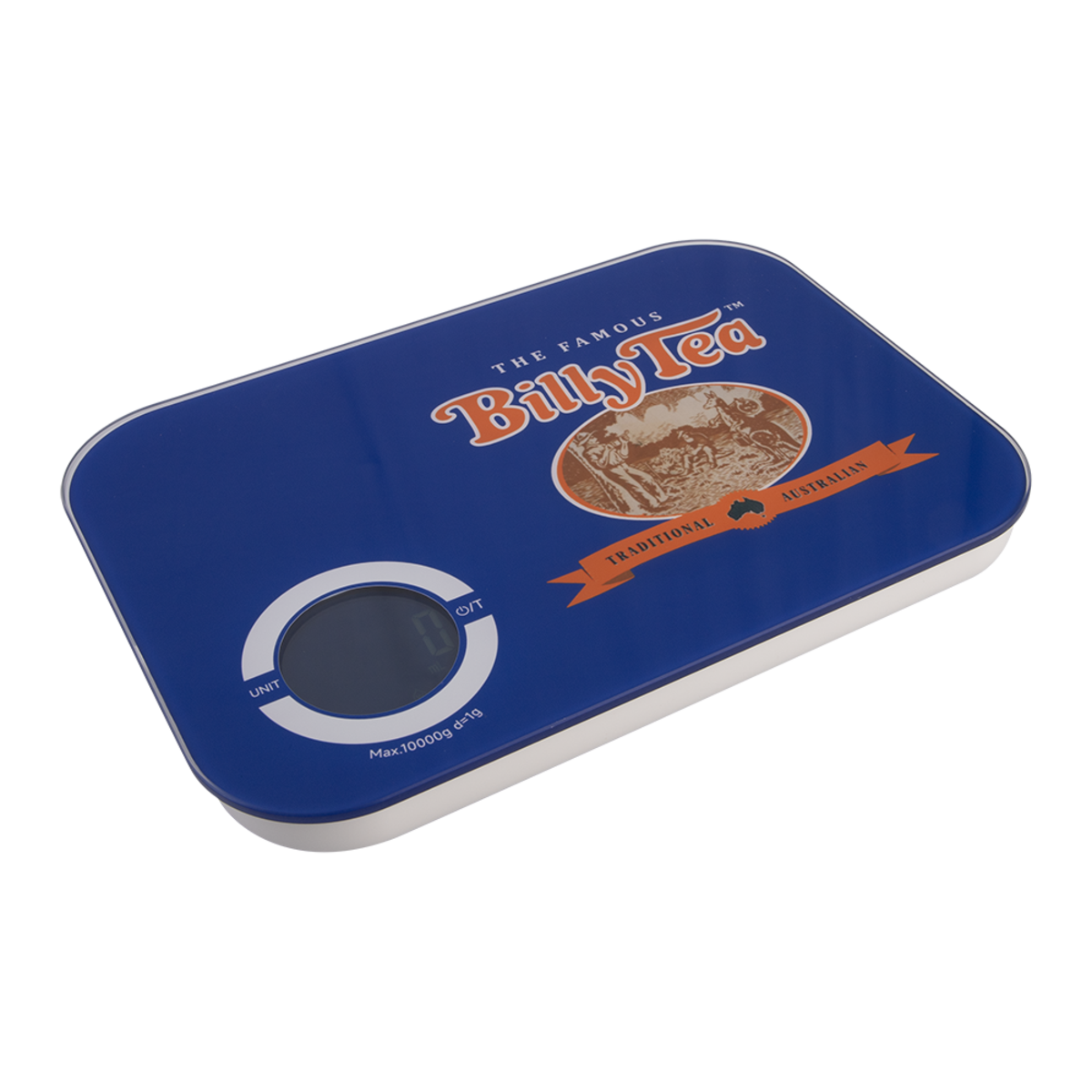 A blue Billy Tea branded digital scale with a circular display screen and white trim, shown on a plain white background.