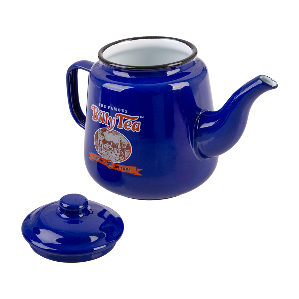A cobalt blue enamel tea pot with a matching lid, featuring the 'The Famous Billy Tea' logo on the front, set against a plain white background.