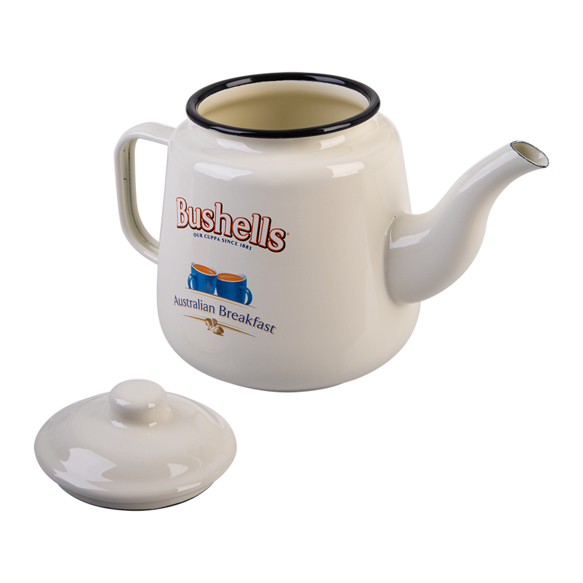 A white enamel-style teapot with a matching lid, featuring the Bushells Australian Breakfast logo on the front. The teapot has a black rim and a cream-colored interior, with a white handle and spout, shown on a plain white background.