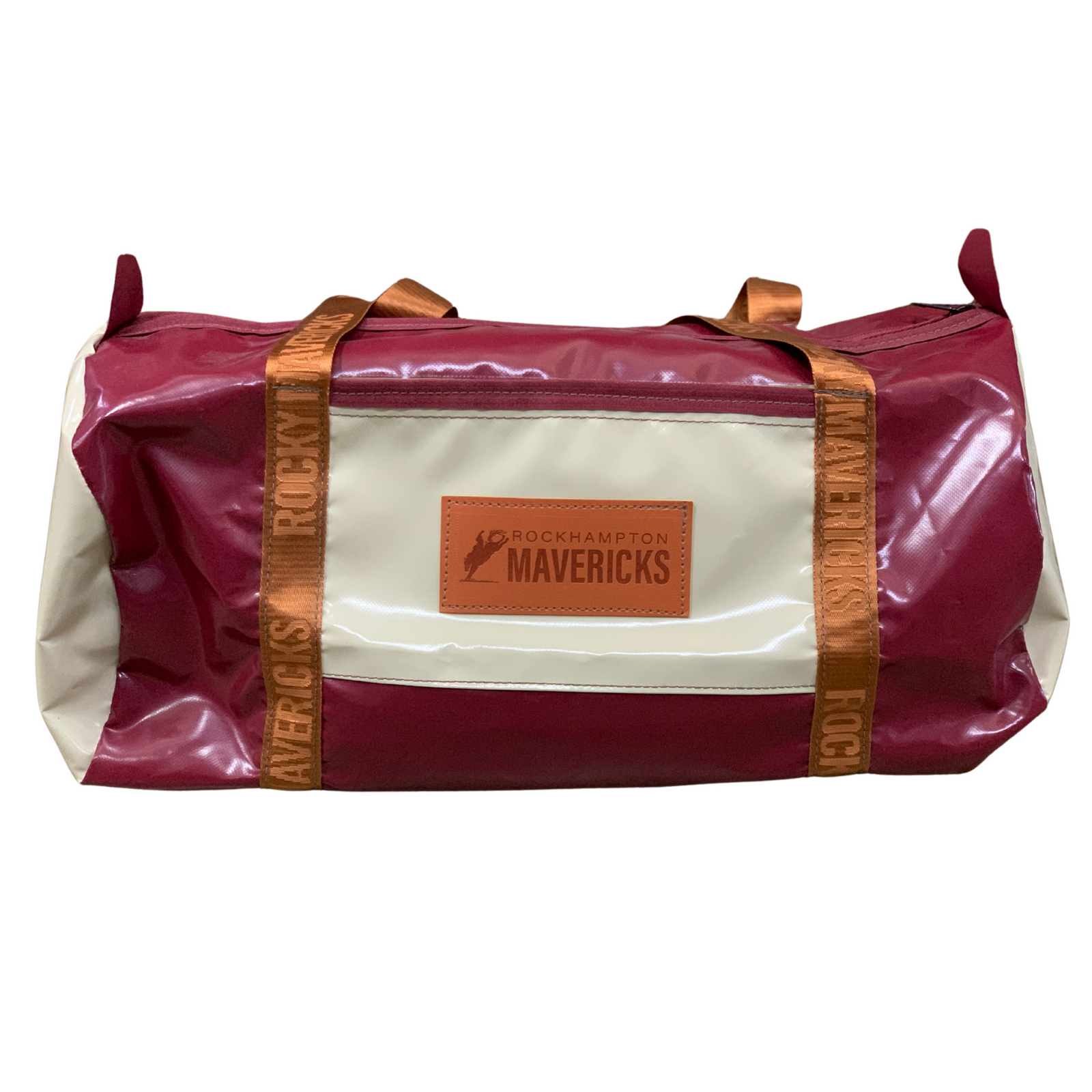 Rocky Mavericks Heavy Weight PVC Gear Bag. A red and white PVC gear bag with 'Mavericks' written on it, featuring a transparent window and orange straps.