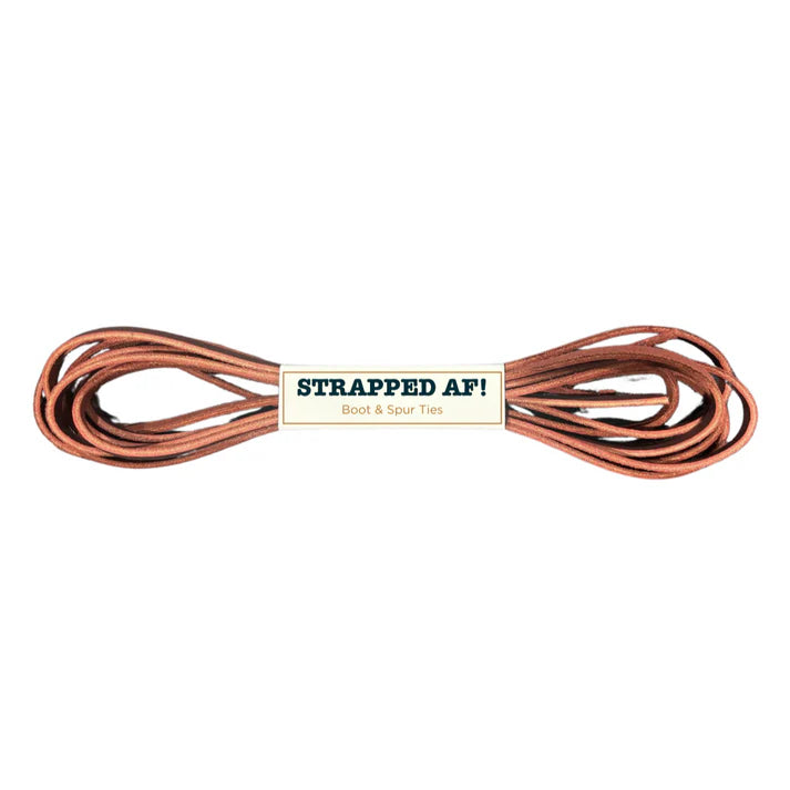Roughstock Rosin Strapped AF Boot and Spur Ties. Brown boot lace with 'Strapped AF!' label on a white background