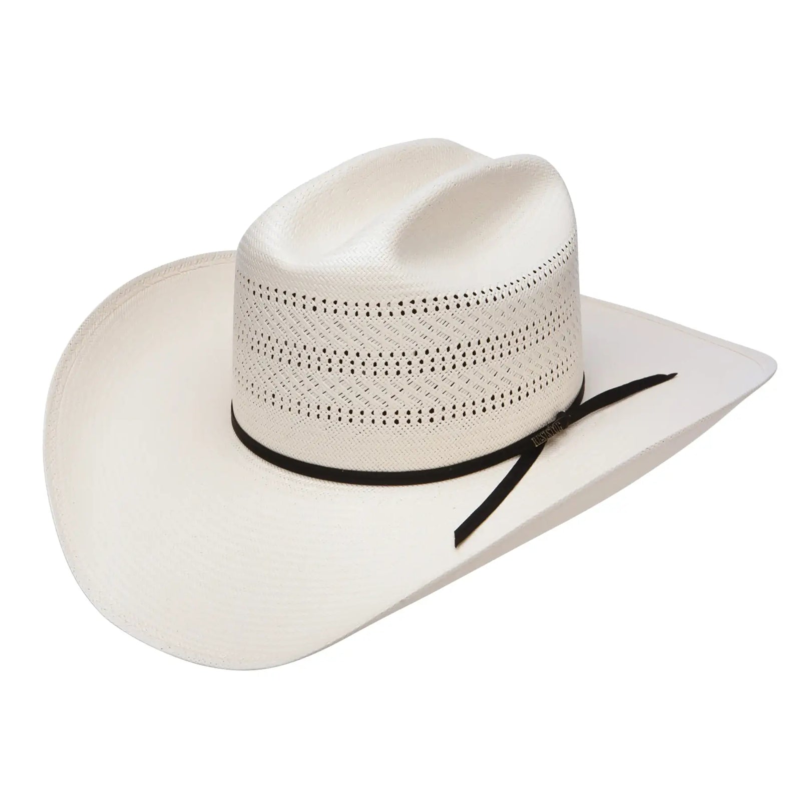 A Resistol Chase 20X Straw Cowboy Hat with a white crown and a black band.