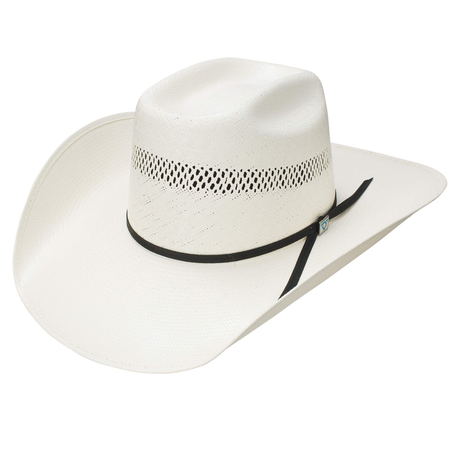 A Resistol Cojo Hootie Natural Straw Cowboy Hat with a round brick crown and a black band around the base of the crown.